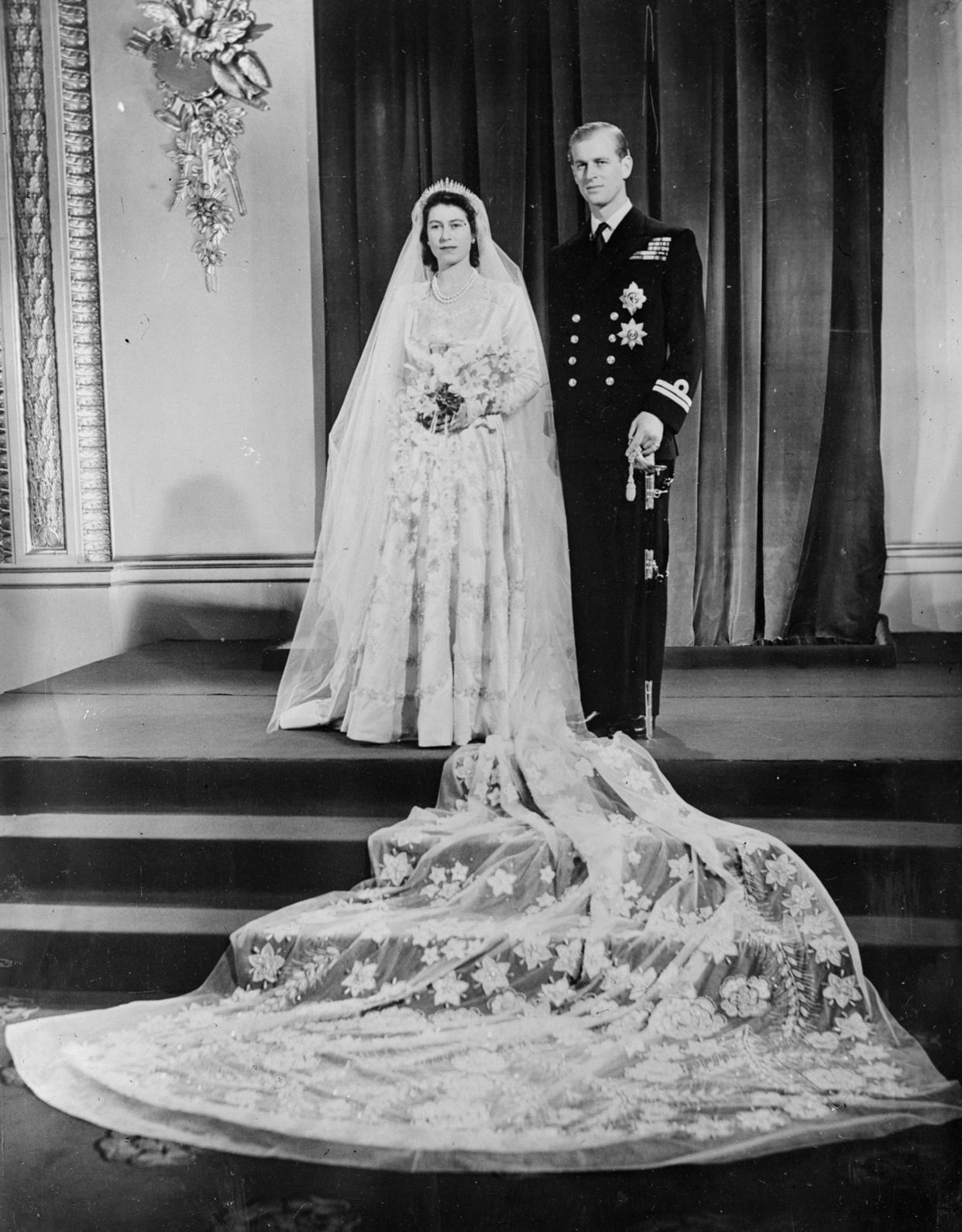 Princess Elizabeth and the Duke of Edinburgh at Buckingham Palace, London, after their wedding ceremony at Westminster Abbey on November 20, 1947.  (Getty Images)