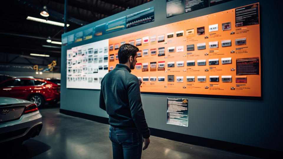 A customer studying a selection of the company's garage solutions, demonstrating the various options.