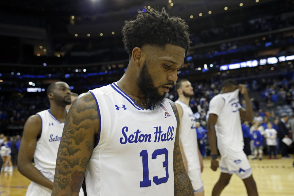 Seton Hall guard Myles Powell walks off the court after losing to Michigan State in an NCAA college basketball game Thursday, Nov. 14, 2019, in Newark, N.J. (AP Photo/Adam Hunger)