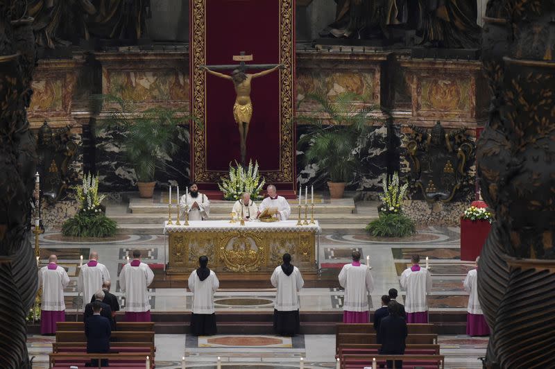 Pope Francis leads an Easter vigil service with no public participation due to the coronavirus (COVID-19) outbreak, in Vatican