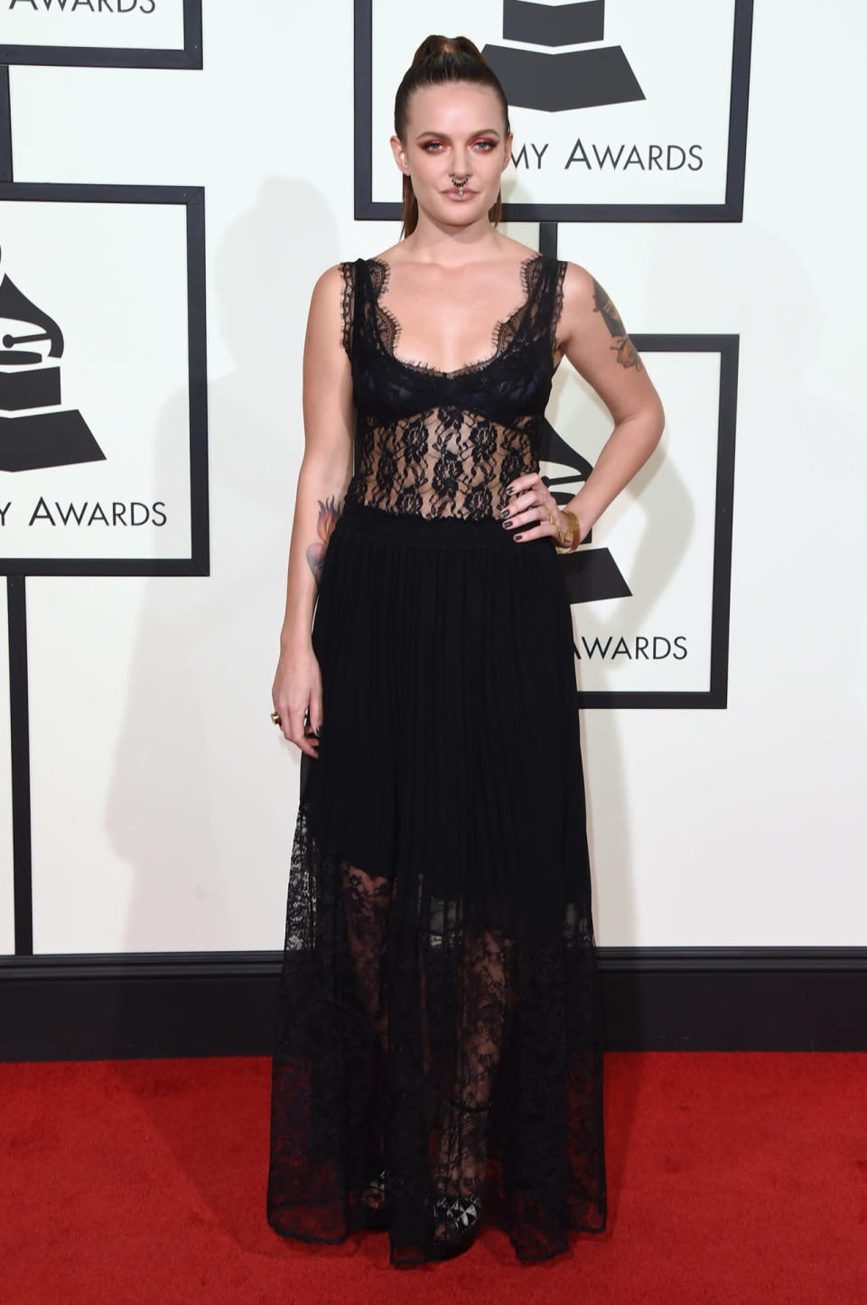 Worst: Tove Lo in a black lace dress with a septum nose ring at the 58th Grammy Awards at Staples Center in Los Angeles, California, on February 15, 2016.  