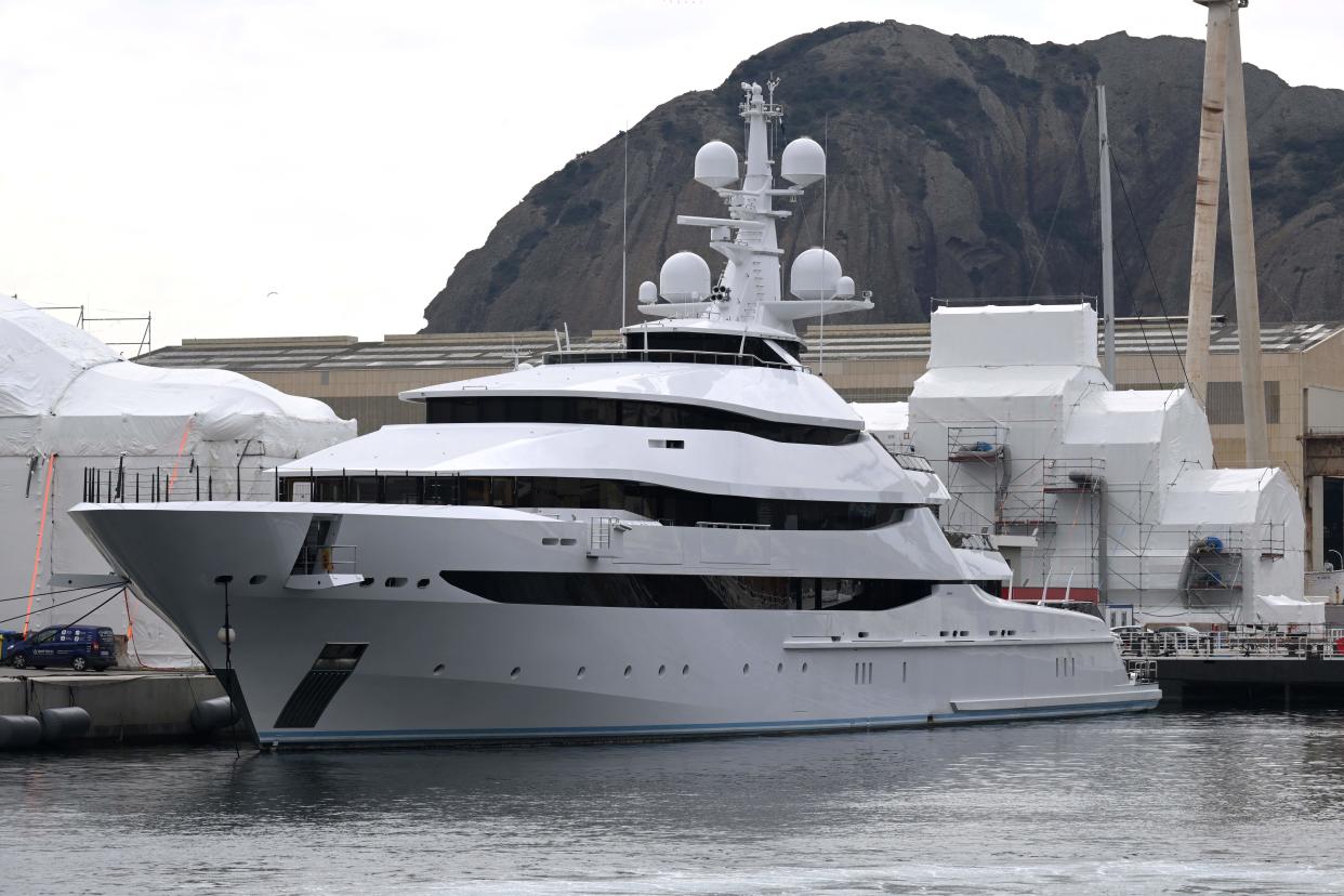 TOPSHOT - A picture taken on March 3, 2022 in a shipyard of La Ciotat, near Marseille, southern France, shows a yacht, Amore Vero, owned by a company linked to Igor Sechin, chief executive of Russian energy giant Rosneft. - The French government on March 3 said it had seized in La Ciotat a superyacht owned by a company linked to Igor Sechin, chief executive of Russian energy giant Rosneft and close confidant of the Russian President, as part of the implementation of European Union sanctions against Russian invasion of Ukraine. (Photo by NICOLAS TUCAT / AFP) (Photo by NICOLAS TUCAT/AFP via Getty Images)