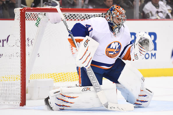 PITTSBURGH, PA - OCTOBER 27: New York Islanders Goalie Jaroslav Halak (41) tends net during the second period in the game between the Pittsburgh Penguins and the New York Islanders on October 27, 2016, at PPG Paints Arena in Pittsburgh, Pennsylvania. (Photo by Jeanine Leech/Icon Sportswire via Getty Images)