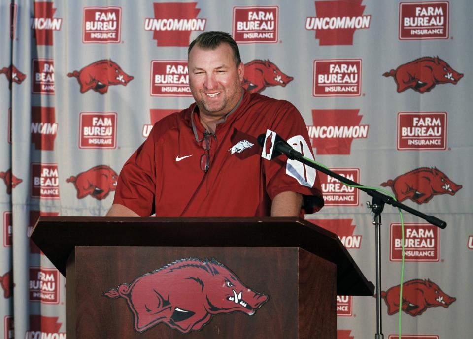 Arkansas head coach Bret Bielema addresses the team's annual NCAA college football media day event in Fayetteville, Ark., Sunday, Aug. 9, 2015. Arkansas is to kick off its season at home against University of Texas-El Paso on Sept. 5. (AP Photo/Samantha Baker)