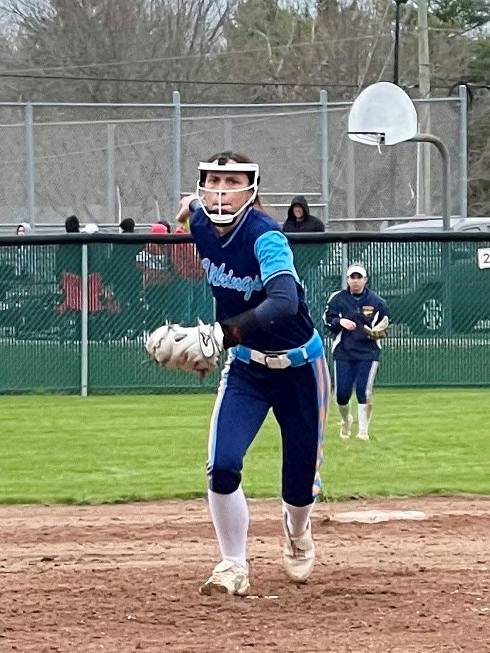 River Valley senior pitcher Lanie Wooten delivers a pitch at Pleasant during a softball game this season. Wooten was named a Fahey Bank Athlete of the Month for May among Marion County girls.