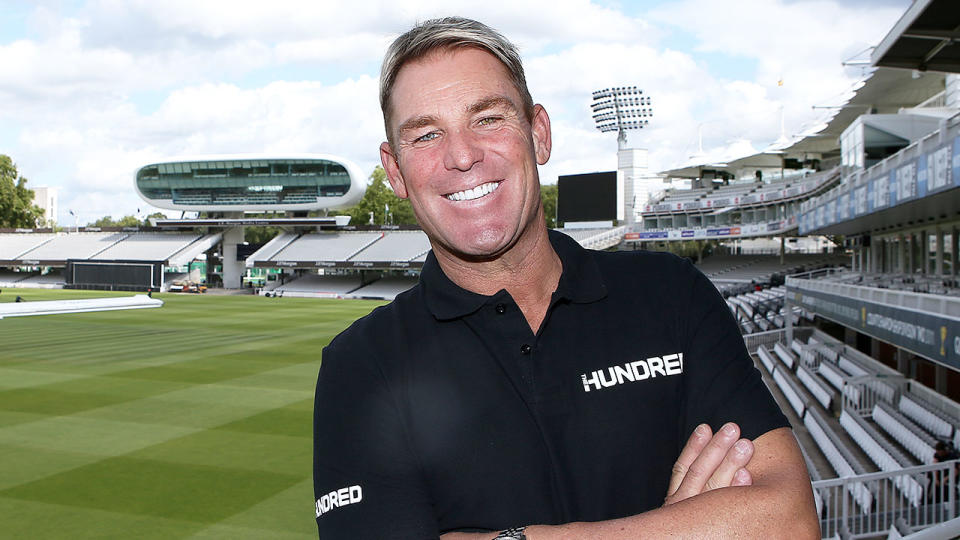 Pictured here, Shane Warne poses for photos after being confirmed as the inaugural coach of London Spirit in the Hundred.