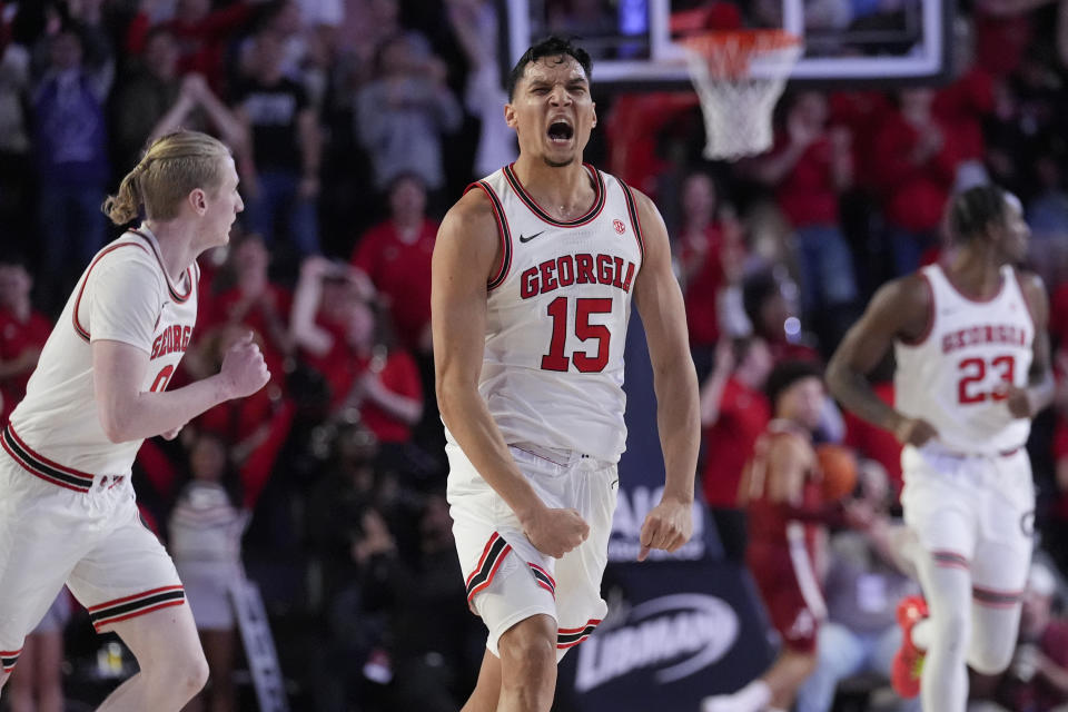 Georgia guard RJ Melendez (15) reacts after hitting a three-point basket in the first half of an NCAA college basketball game against Alabama Wednesday, Jan. 31, 2024, in Athens, Ga. (AP Photo/John Bazemore)