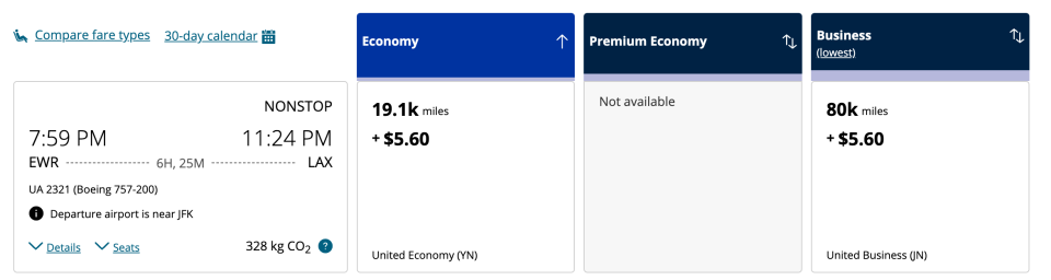 Screenshot of miles cost for United from New York to Los Angeles for Memorial Day