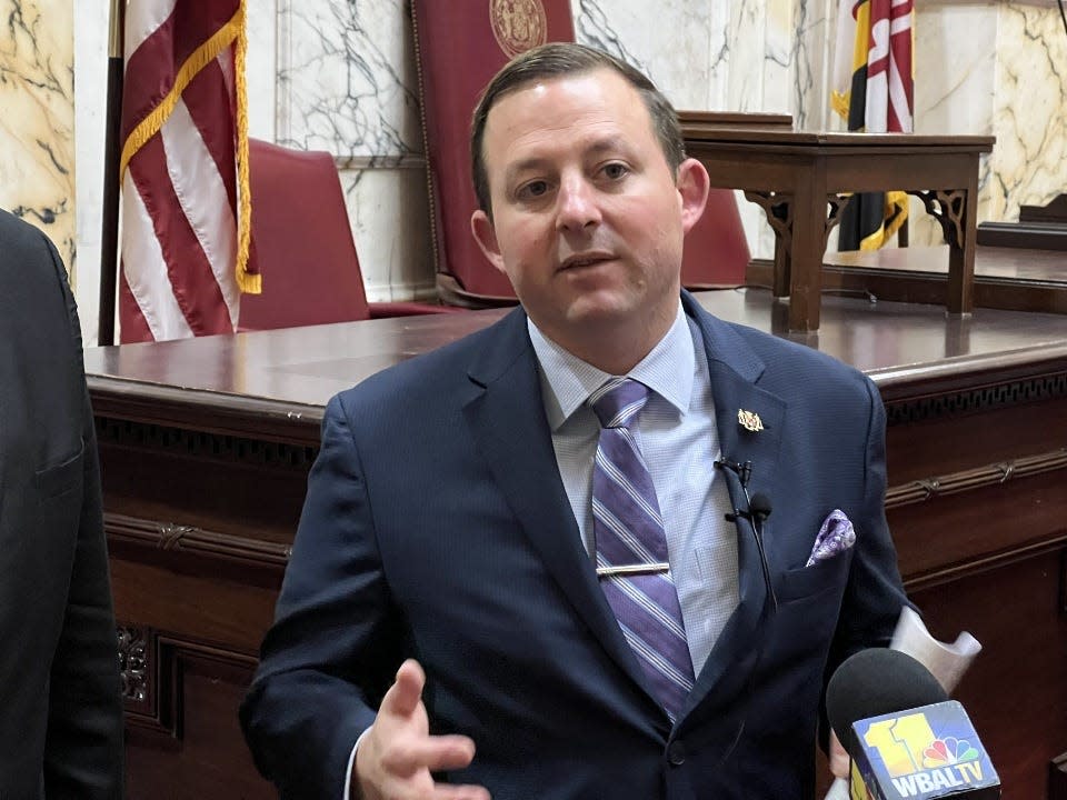 Maryland Senate President Bill Ferguson, D-Baltimore, speaks to reporters about the new Maryland Protecting Opportunities and Regional Trade (PORT) Act at the State House in Annapolis on March 27, 2024. Ferguson's Senate district includes the Port of Baltimore.