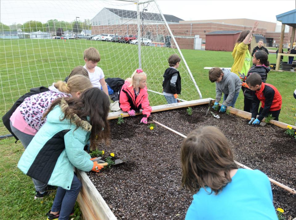 First grade students from Mrs. Keeley's class at Zane Grey plant flowers in a raised garden bed on Friday. Students from Zane Grey Elementary and Intermediate Schools took part in the project, which was part of the Global Youth Service Day.
