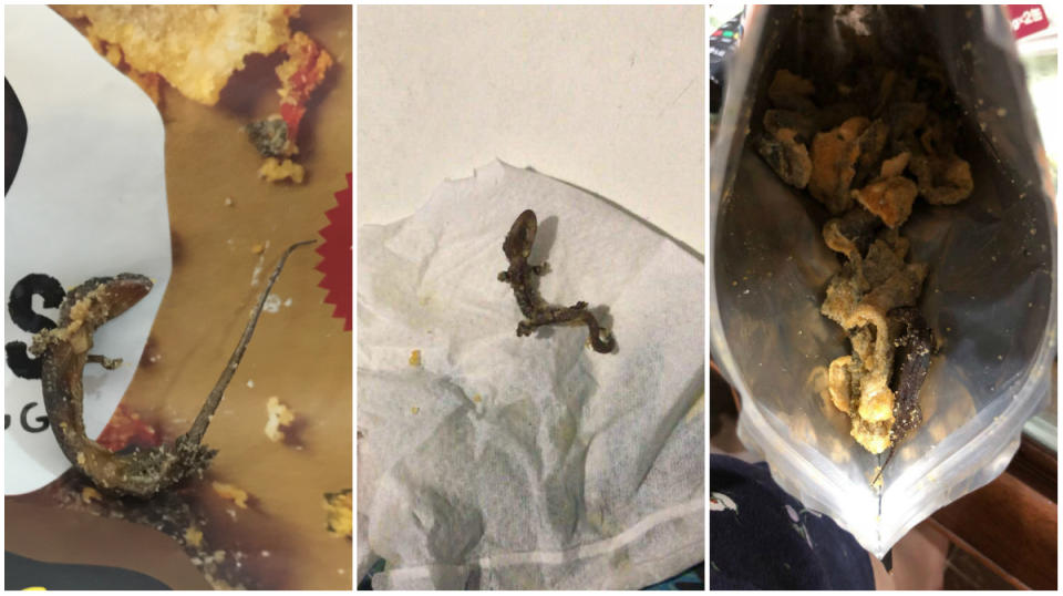 Dead lizards found in Irvins Salted Egg snacks by three different customers. (PHOTOS: Decha Holloway, Serina G, Kevin Nguyen)