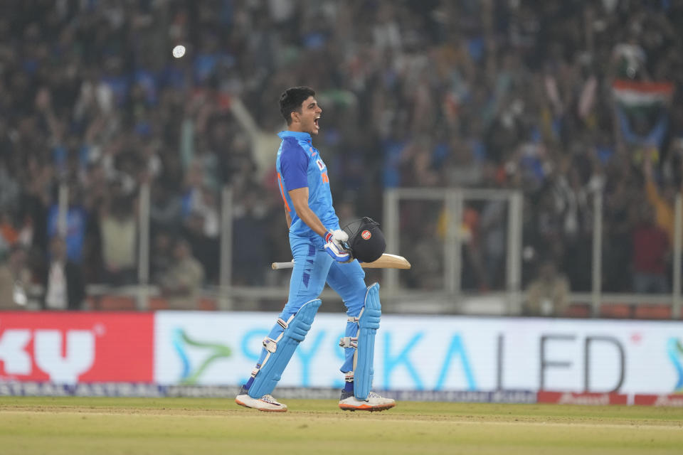 India's Shubhman Gill elebrates scoring a century during the third T20 international cricket match between India and New Zealand in Ahmedabad, India, Wednesday, Feb. 1, 2023. (AP Photo/Ajit Solanki)