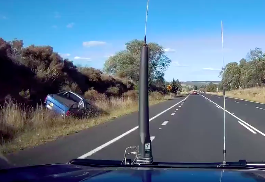 The ute then veers into a ditch next to an embankment. Source: Facebook/ Dash Cam Owners Australia
