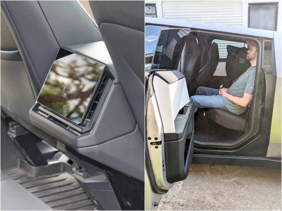 Tesla Cybertruck rear seats with a passenger and screen