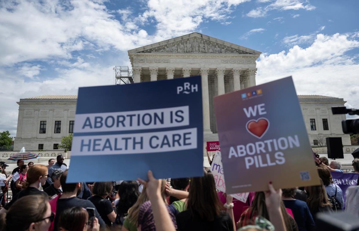 Demonstrators rally in support of abortion rights at the US Supreme Court in Washington, DC, April 15, 2023.