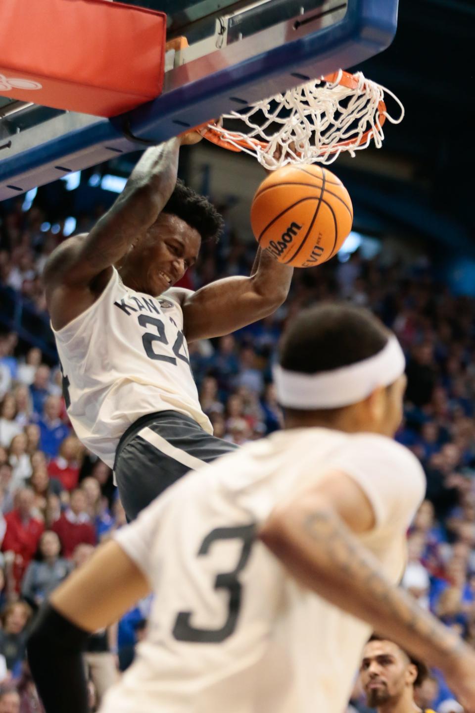 Kansas sophomore forward KJ Adams Jr. (24) dunks the ball during the second half of a game in February against West Virginia inside Allen Fieldhouse.