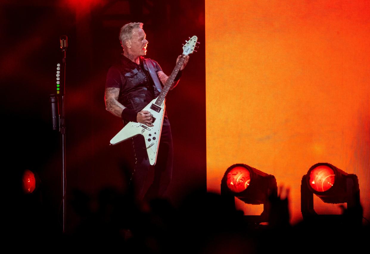 Metallica lead vocalist and guitarist James Hetfield performs "Creeping Death" at the Power Trip Music Festival at the Empire Polo Club in Indio, Calif., Sunday, Oct. 8, 2023.
