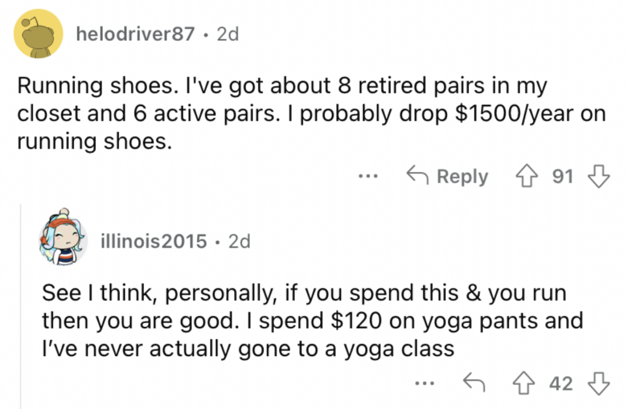 Reddit screenshot of someone talking about spending tons of money on running shoes.