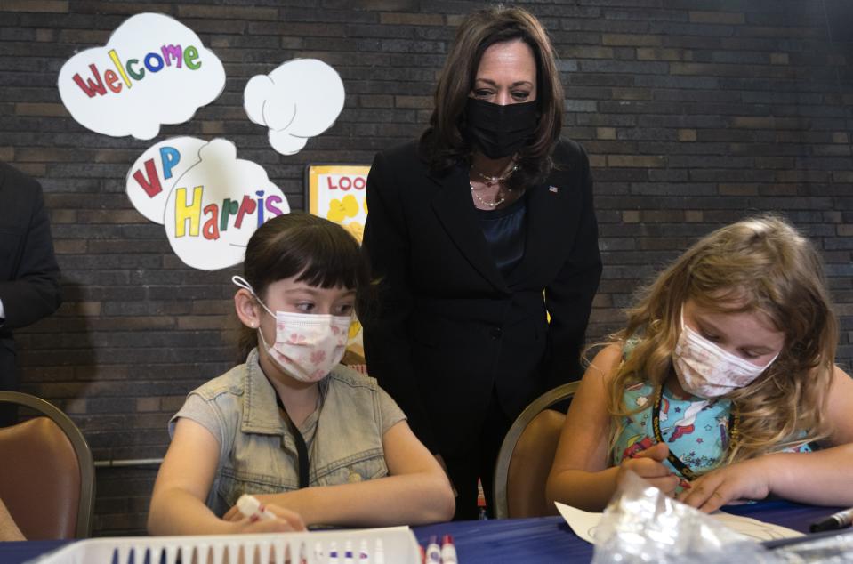 Vice President Kamala Harris visits a summer classroom at Brookline Memorial Recreation Center, Monday June 21, 2021, in Pittsburgh. (AP Photo/Jacquelyn Martin)