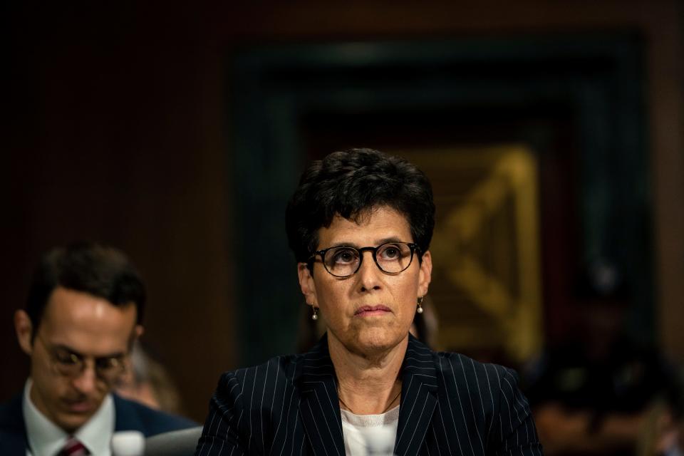 Christine Blasey Ford's lawyer Debra Katz listens as Blasey Ford testifies before the Senate Judiciary Committee, Thursday, Sept. 27, 2018, in Washington.  (Erin Schaff/New York Times via AP, Pool)