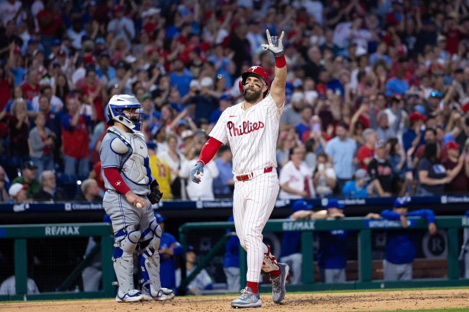 May 7, 2024; Philadelphia, Pennsylvania, USA; Philadelphia Phillies first base Bryce Harper (3) celebrates after hitting a grand slam during the fourth inning against the Toronto Blue Jays at Citizens Bank Park.