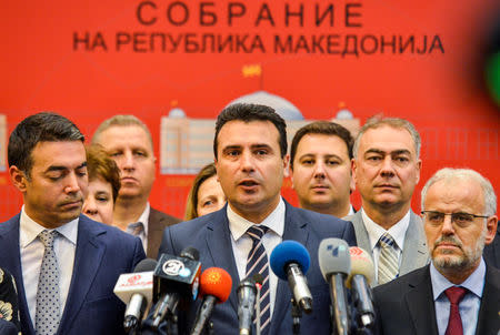 Prime Minister Zoran Zaev talk to the media after the Macedonian parliament passed constitutional changes to allow the Balkan country to change its name to the Republic of North Macedonia, in Skopje, Macedonia October 19, 2018 .REUTERS/ Tomislav Georgiev