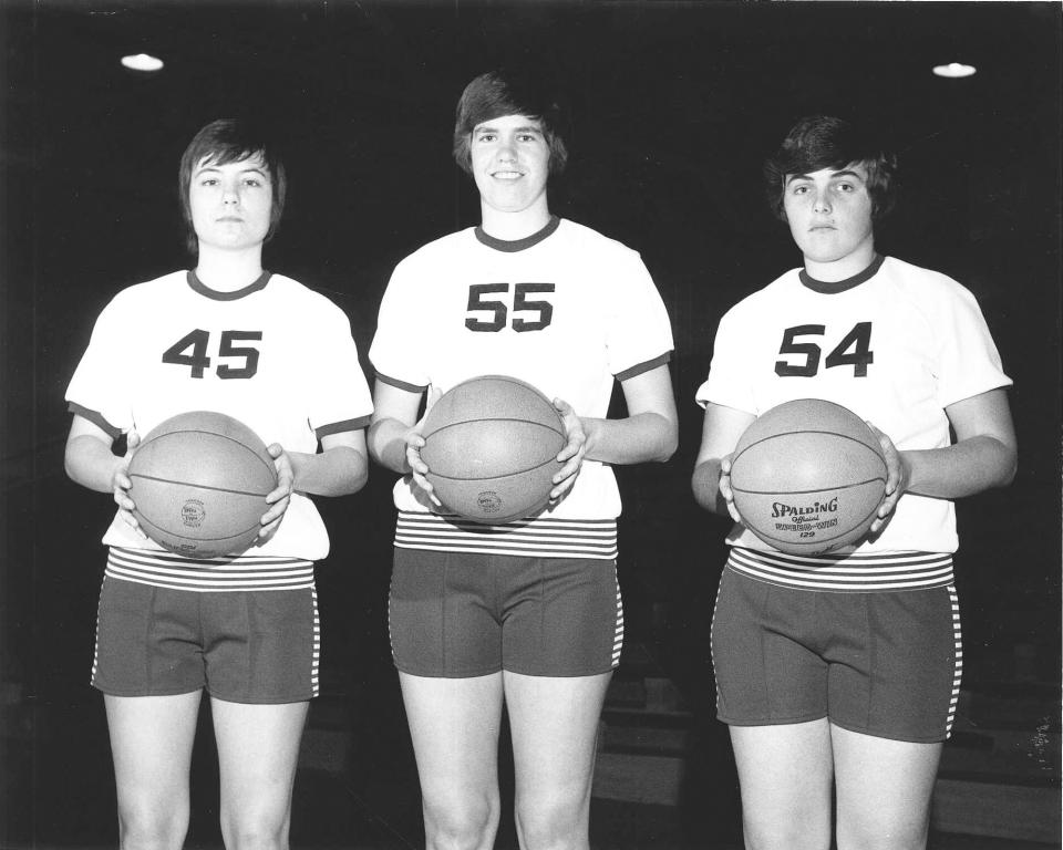 1975 Harrison graduates, from left, Pam Franz, Sharon Wettschurack and Pam Dahnke as teammates for the Indiana State women's basketball team. (Credit: Indiana State athletics)