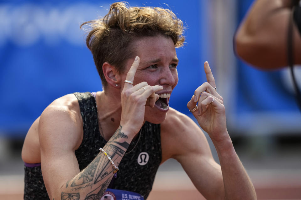 Nikki Hiltz celebrates after winning the women's 1500-meter final during the U.S. Track and Field Olympic Team Trials, Sunday, June 30, 2024, in Eugene, Ore. (AP Photo/Charlie Neibergall)