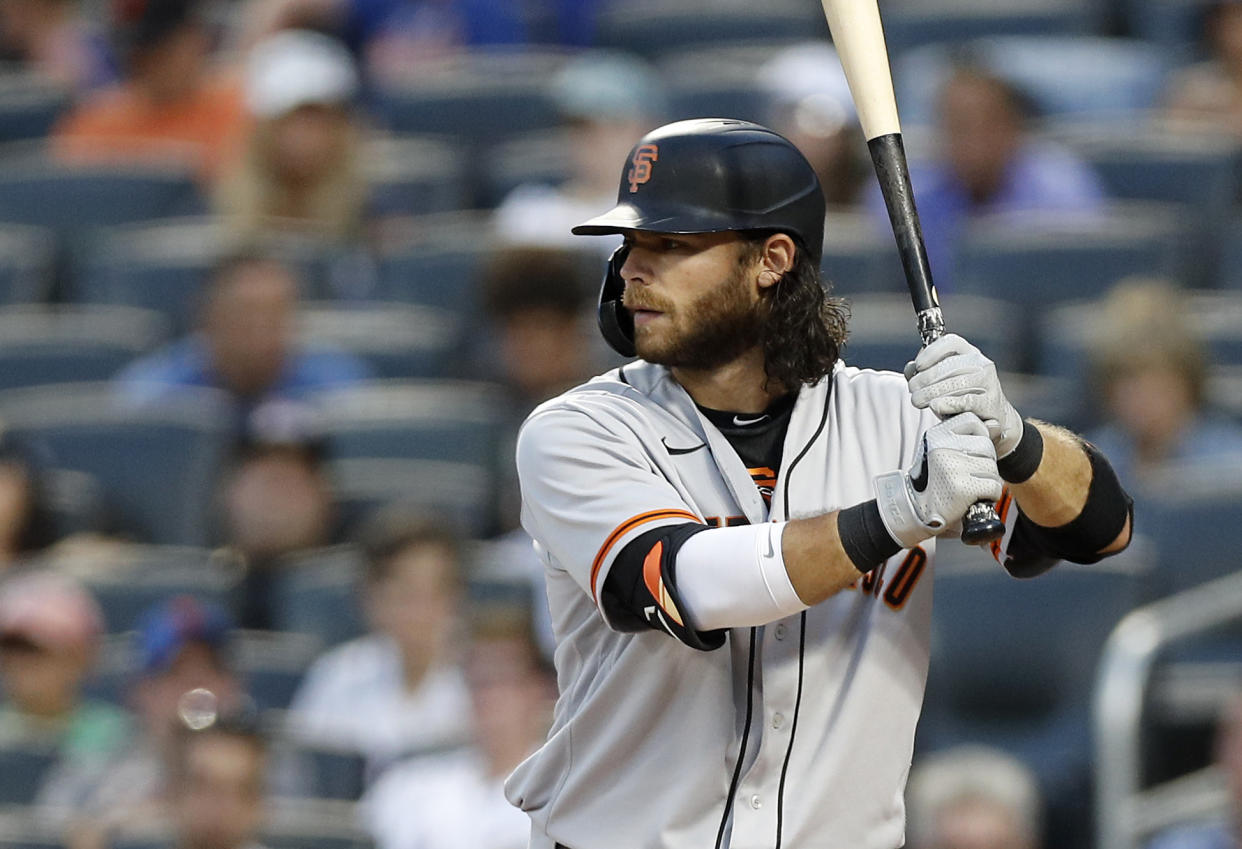 NEW YORK, NEW YORK - AUGUST 24:  Brandon Crawford #35 of the San Francisco Giants in action against the New York Mets at Citi Field on August 24, 2021 in New York City. The Giants defeated the Mets 8-0. (Photo by Jim McIsaac/Getty Images)