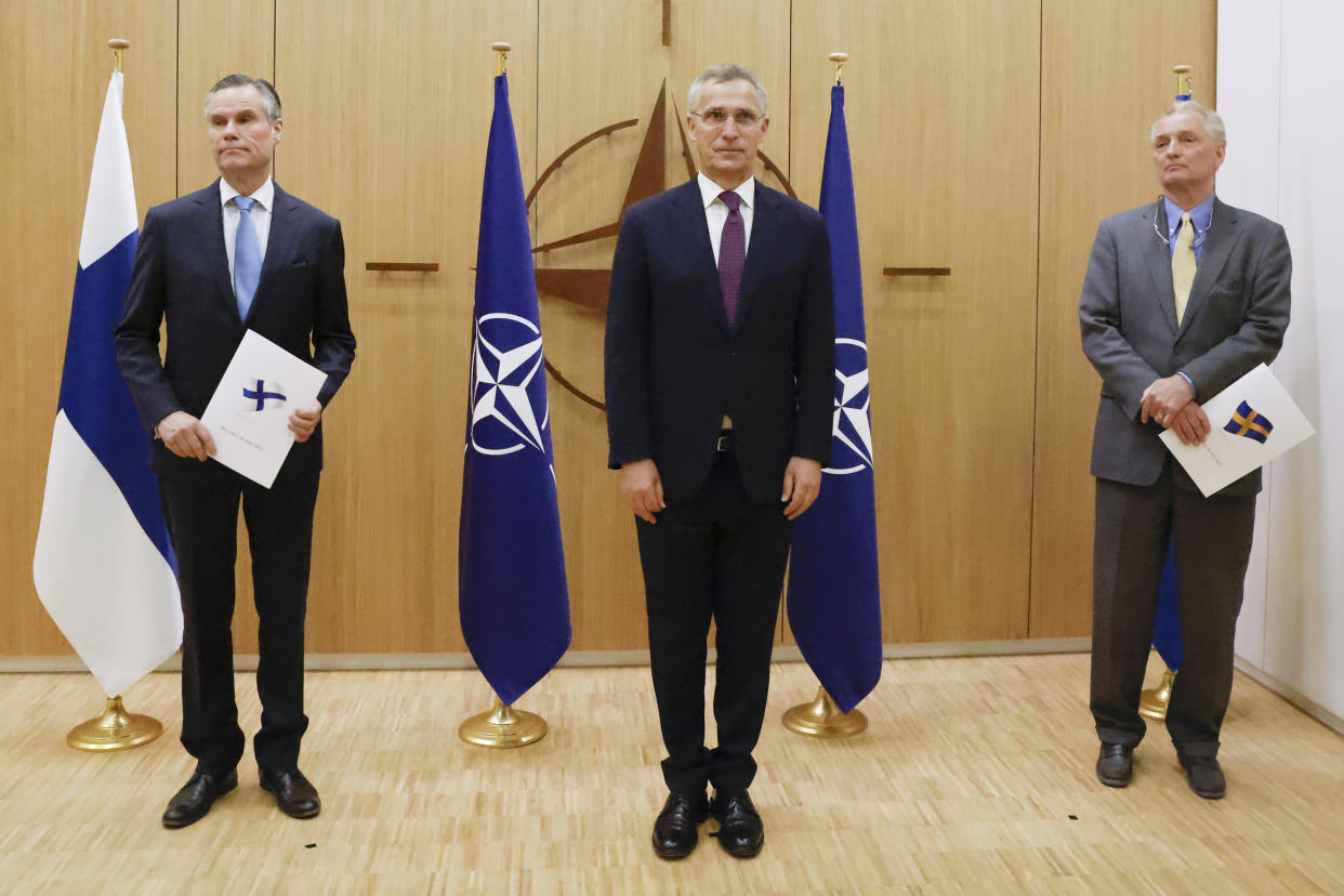 NATO holds ceremony to mark Sweden's and Finland's application for membership in Brussels (Johanna Geron / AP)