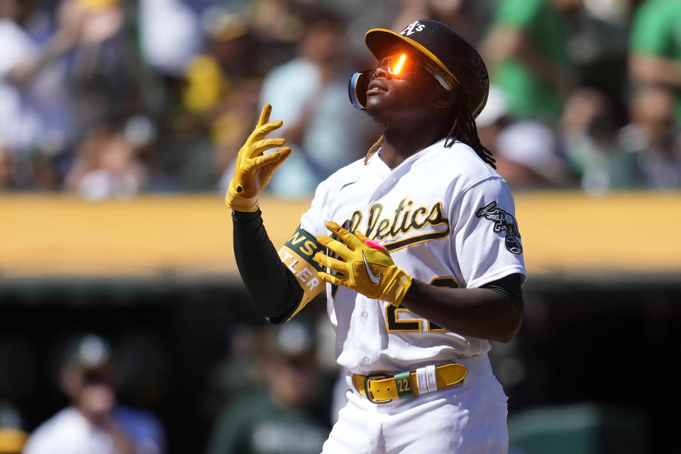 Oakland Athletics' Lawrence Butler gestures after hitting a home run against the Toronto Blue Jays during the fifth inning of a baseball game in Oakland, Calif., Monday, Sept. 4, 2023. (AP Photo/Jeff Chiu)