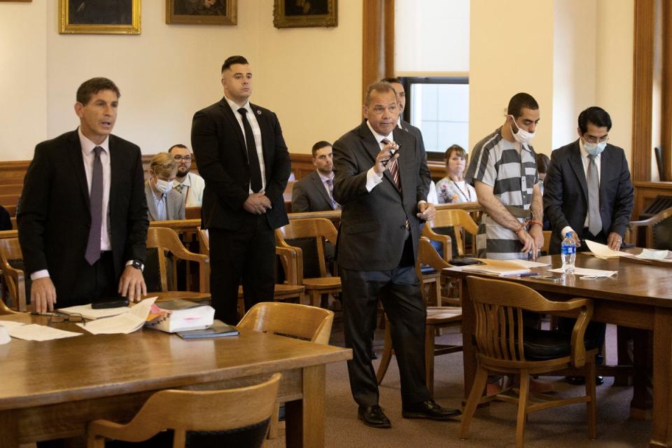 Hadi Matar appeared in court with his defence lawyer Nathaniel Barone (Joshua Bessex/AP) (AP)