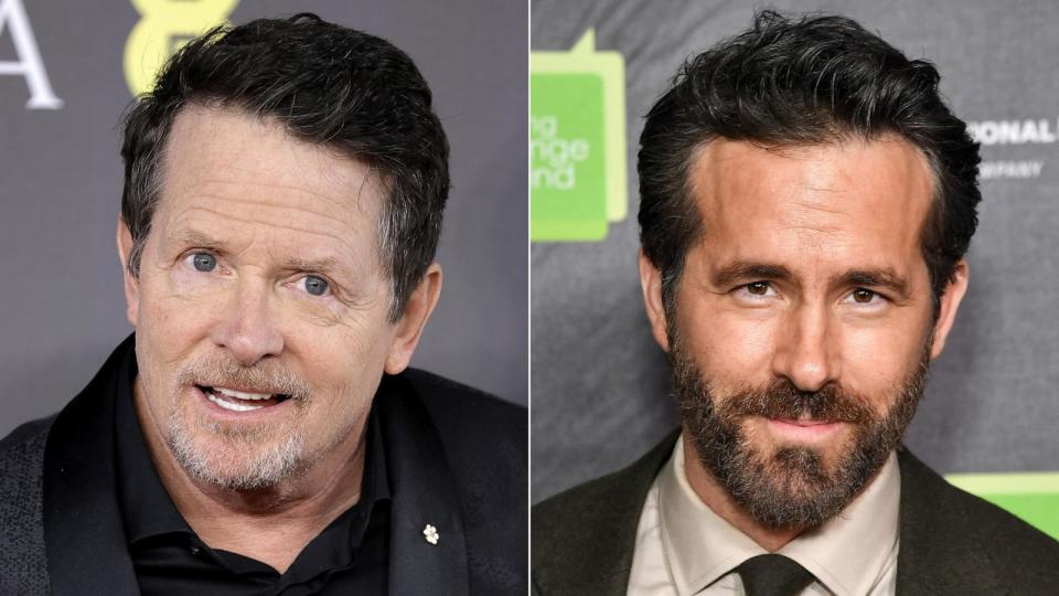 PHOTO: Michael J. Fox attends the 2024 EE BAFTA Film Awards at The Royal Festival Hall on Feb. 18, 2024, in London. | Ryan Reynolds attends an event in support of teen mental health at City Winery, on Oct. 9, 2023, in New York. (John Phillips/Getty Images | Noam Galai/Getty Images)