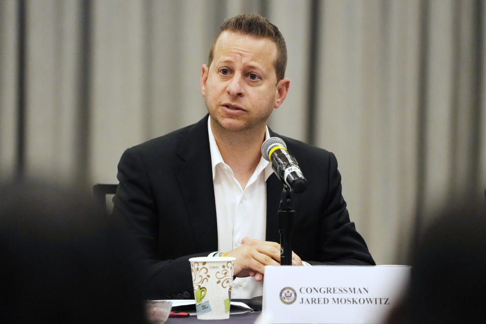 U.S. Congressmen Rep. Jared Moskowitz (D-FL), speaks during a roundtable discussion with a bipartisan delegation of members of Congress and others, Friday, Aug. 4, 2023, in Parkland, Fla. Earlier the group toured the blood-stained and bullet-pocked halls, shortly before ballistics technicians reenact the massacre that left 14 students and three staff members dead in 2018. (AP Photo/Marta Lavandier).