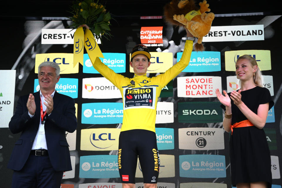 CRESTVOLAND FRANCE  JUNE 09 Jonas Vingegaard of Denmark and Team JumboVisma  Yellow Leader Jersey celebrates at podium during the 75th Criterium du Dauphine 2023 Stage 6 a 1702km stage from Nantua to CrestVoland 1218m  UCIWT  on June 09 2023 in CrestVoland France Photo by Dario BelingheriGetty Images