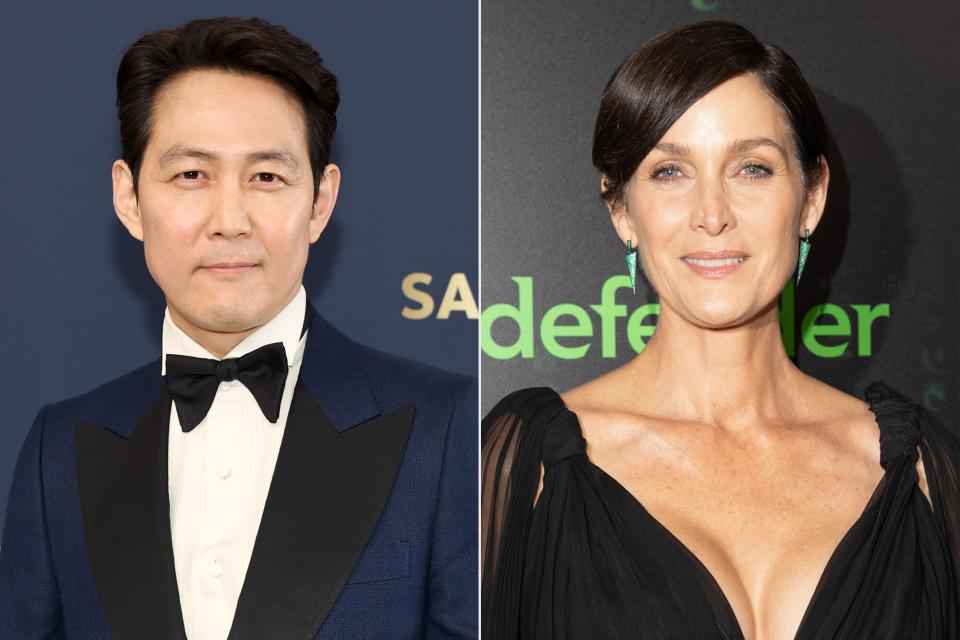 Lee Jung-jae attends the 28th Annual Screen Actors Guild Awards at Barker Hangar on February 27, 2022 in Santa Monica, California. ; Carrie-Anne Moss attends "The Matrix Resurrections" Red Carpet U.S. Premiere Screening at The Castro Theatre on December 18, 2021 in San Francisco, California.