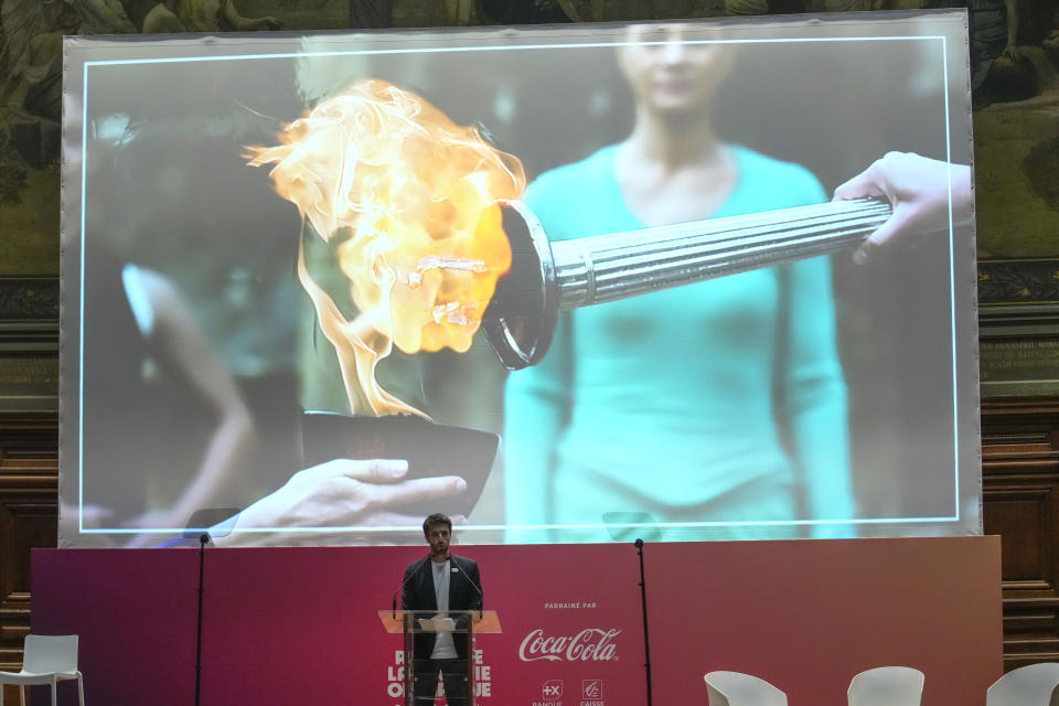 President of the Paris Organising Committee of the 2024 Olympic and Paralympic Games President Tony Estanguet speaks during the unveiling of the route for the Paris 2024 Olympic Torch relay at the Sorbonne in Paris, Friday, June 23, 2023. The route of the Torch is expected to take in more than 60 departments across France as it is carried for three months in the lead-up to the July Olympics in Paris. (AP Photo/Christophe Ena)