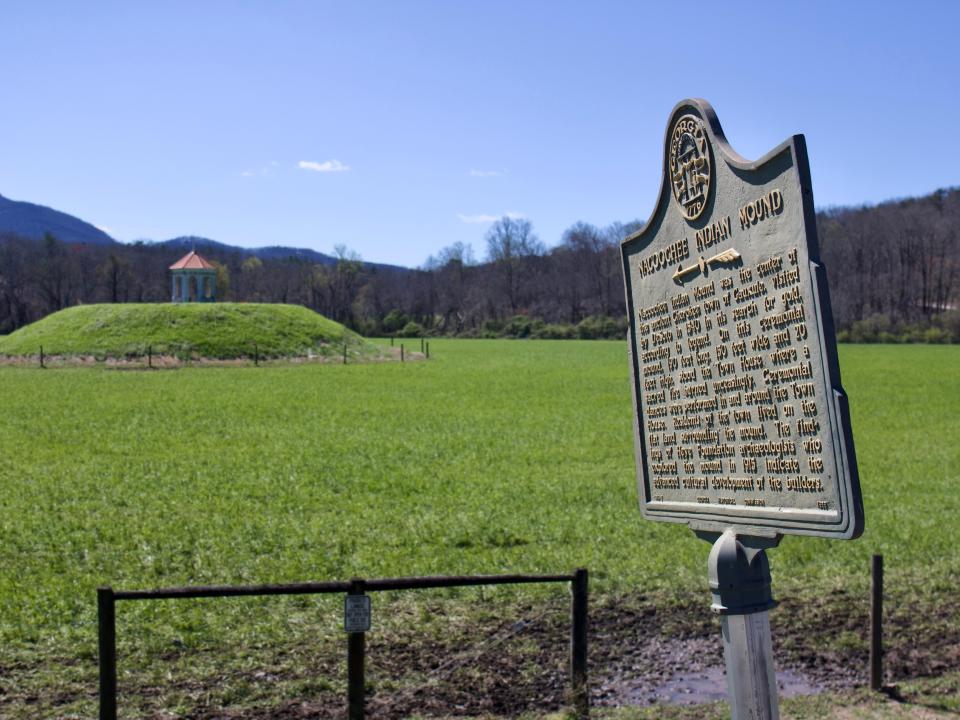 A historical marker at the Nacoochee Indian Mound, an archaeological site dating back hundreds of years, Alison Datko, "I visited a small mountain town in Georgia, where the German-inspired architecture made me feel transported to Europe."