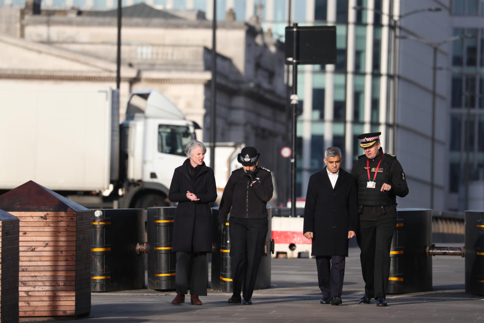 Metropolitan Police Commissioner, Cressida Dick (centre left), Mayor of London, Sadiq Khan (centre right) and Commissioner of the City of London Police, Ian Dyson (right) on London Bridge in central London after a terrorist wearing a fake suicide vest who went on a knife rampage killing two people, and was shot dead by police.