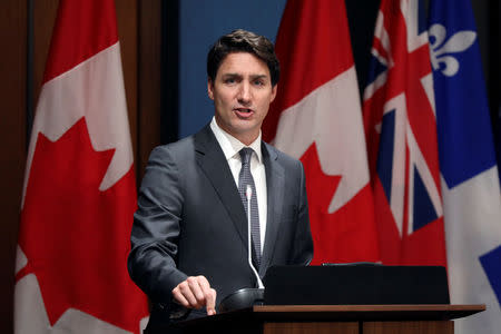 Canada's Prime Minister Justin Trudeau speaks during a Liberal Party caucus meeting on Parliament Hill in Ottawa, Ontario, Canada, April 2, 2019. REUTERS/Chris Wattie