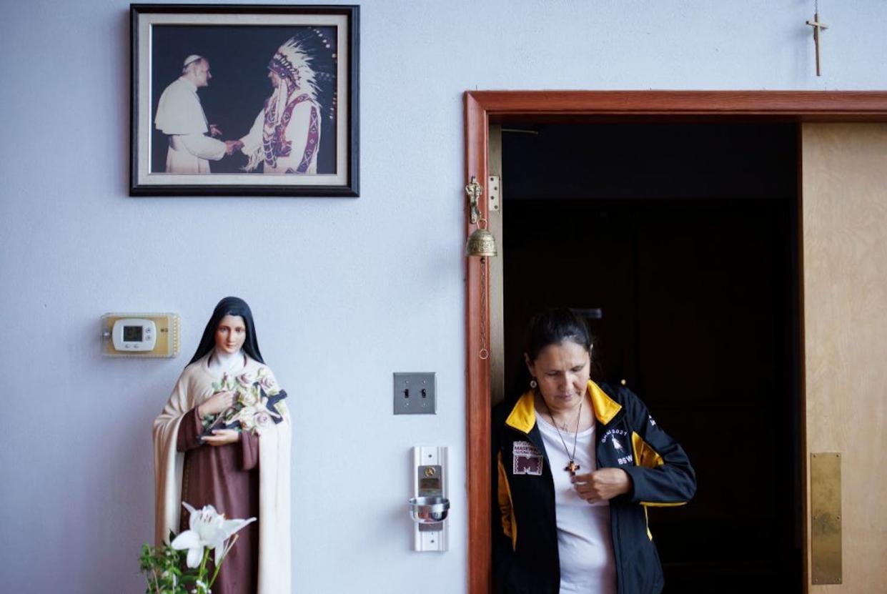 Gilda Soosay, president of Our Lady of Seven Sorrows Parish Council in Maskwacis, Canada, where Pope Francis visited the site of a state school for Indigenous children. <a href="https://www.gettyimages.com/detail/news-photo/gilda-soosay-president-of-our-lady-of-seven-sorrows-parish-news-photo/1242004674?adppopup=true" rel="nofollow noopener" target="_blank" data-ylk="slk:Cole Burston/AFP via Getty Images;elm:context_link;itc:0;sec:content-canvas" class="link ">Cole Burston/AFP via Getty Images</a>