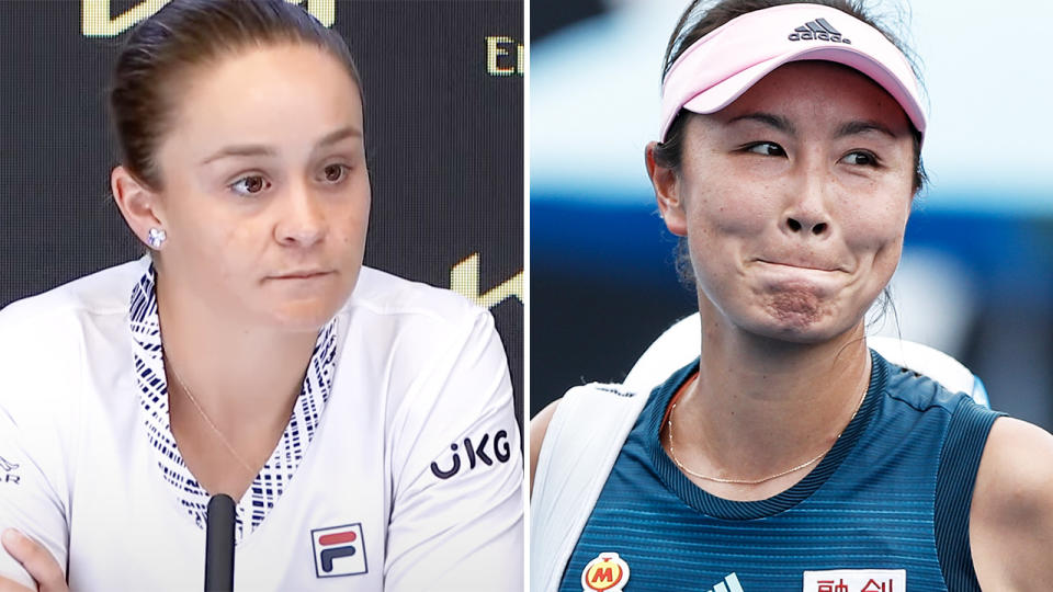 Ash Barty, pictured here being asked about the Peng Shuai situation at the Australian Open.