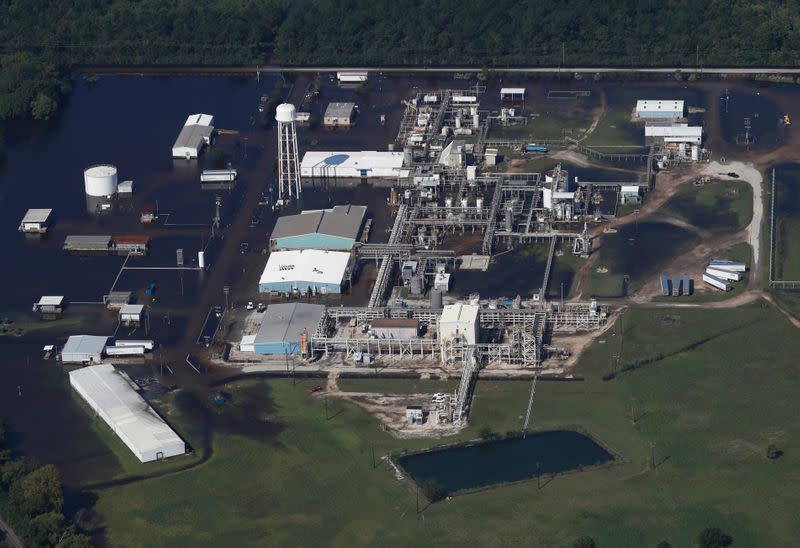 The flooded plant of French chemical maker Arkema SA, which produces organic peroxides, is seen after fires were reported at the facilty in Crosby