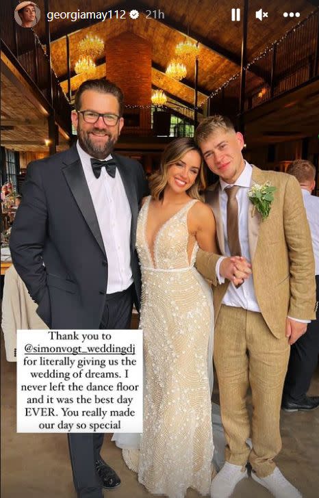 Georgia May Foote at her wedding reception with husband Kris Evans