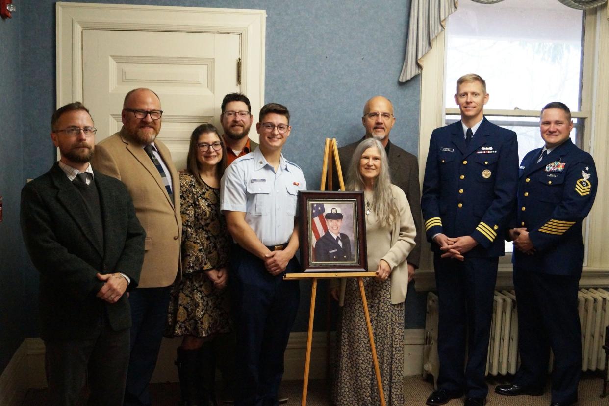 Noah Misiak was presented with the Amy Ignatowski Memorial Award at Lake Superior State University on Jan. 9. Pictured (from left) are United States Coast Guard Education Services Officer Adam Uhrig, LSSU President Rodney Hanley, Tammy and Kevin Misiak, Noah Misiak, Robin and Paul Ignatowski, USCG Deputy Commander Michael Courtney and USCG Senior Chief Officer Edmund Foster.