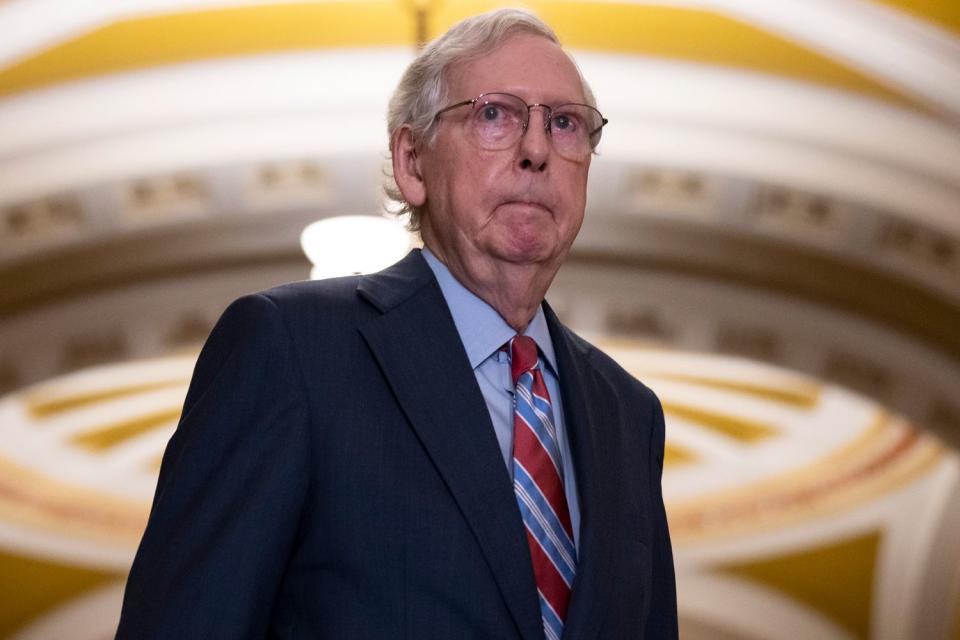 <p>Drew Angerer/Getty</p> Senate Minority Leader Mitch McConnell, who will step down from his leadership position after the 2024 elections in November