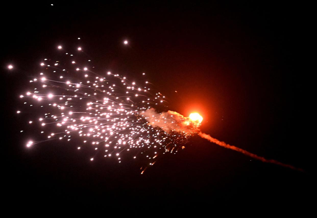 A drone explodes after it was shot down during a massive Russian drones strike mainly targeting the Ukrainian capital (AFP via Getty Images)