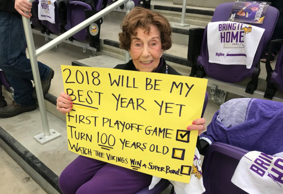 Millie Wall, 99, attends her first Vikings game. NFL commissioner Roger Goodell surprised her with tickets to the Super Bowl, which will be held in Minnesota. (Photo: @maurygloverfox9 on Twitter)