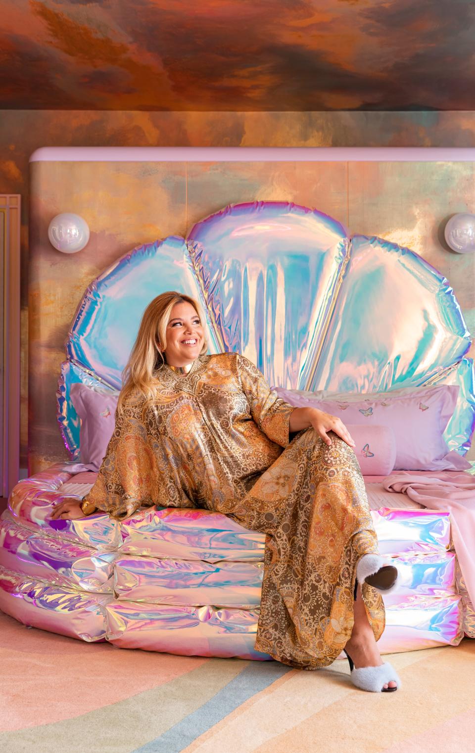 Sasha Bikoff in the bedroom she designed for the 2023 Kips Bay Decorator Show House