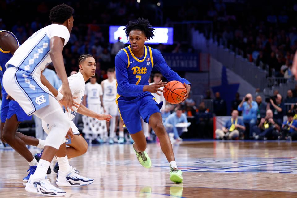 Mar 15, 2024; Washington, D.C., USA; Pittsburgh Panthers guard Carlton Carrington (7) controls the ball against the North Carolina Tar Heels during the second half at Capital One Arena. Mandatory Credit: Amber Searls-USA TODAY Sports